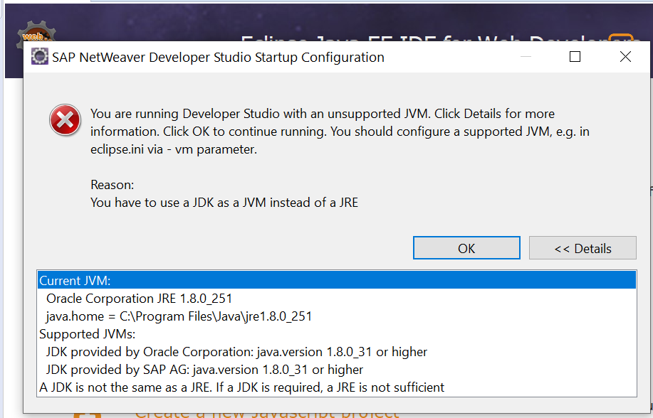 Unsupported JVM error pop up in NWDS