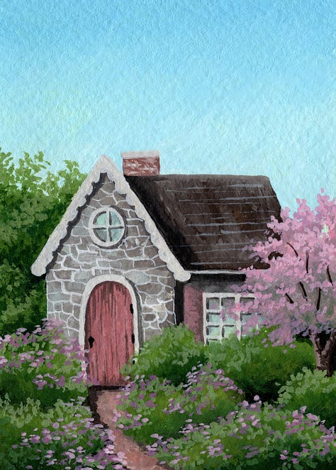 Painting 1:  A flower meadow landscape, Painting 2: A stone cottage surrounded by spring foliage, Painting 3: A field of daffodils with a brown cottage in the background