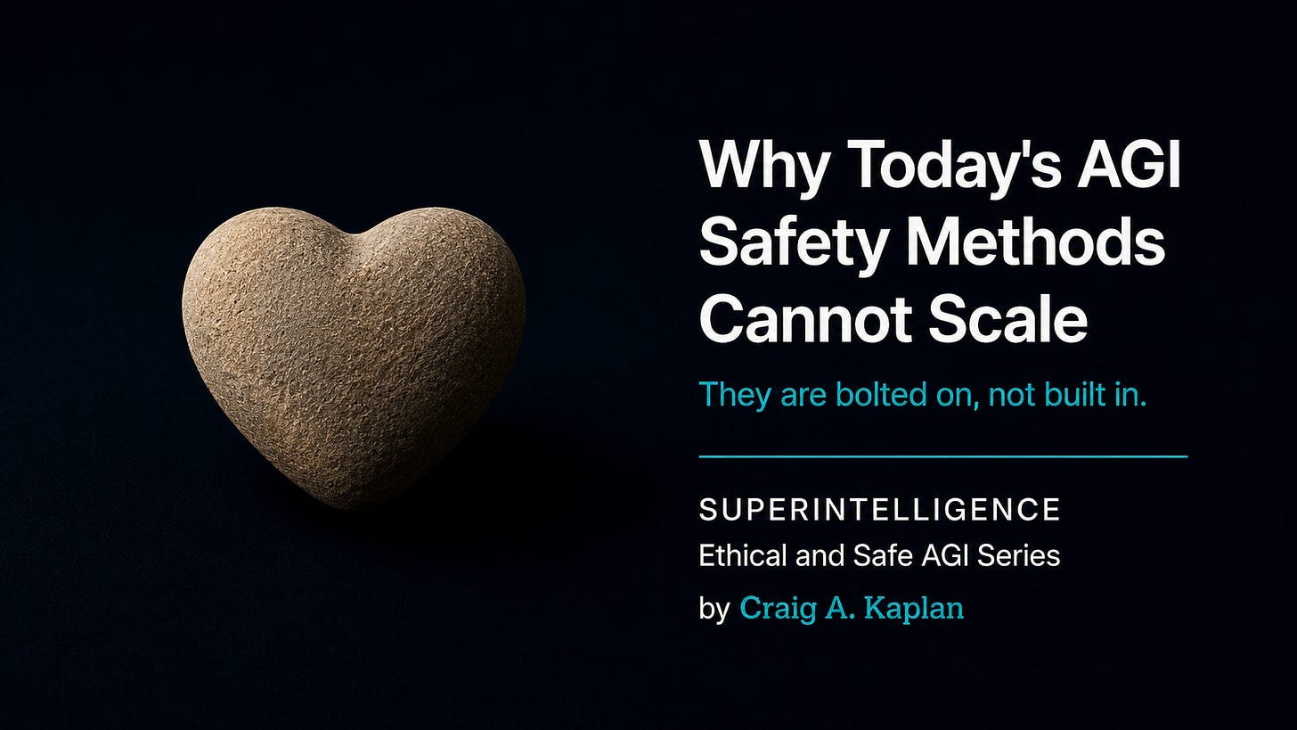 A heart-shaped river stone on a dark navy background beside the text “Heart Before Head: Why AI Cannot Reason Its Way to Right and Wrong,” branded as part of the SuperIntelligence Ethical and Safe AGI Series by Craig A. Kaplan.