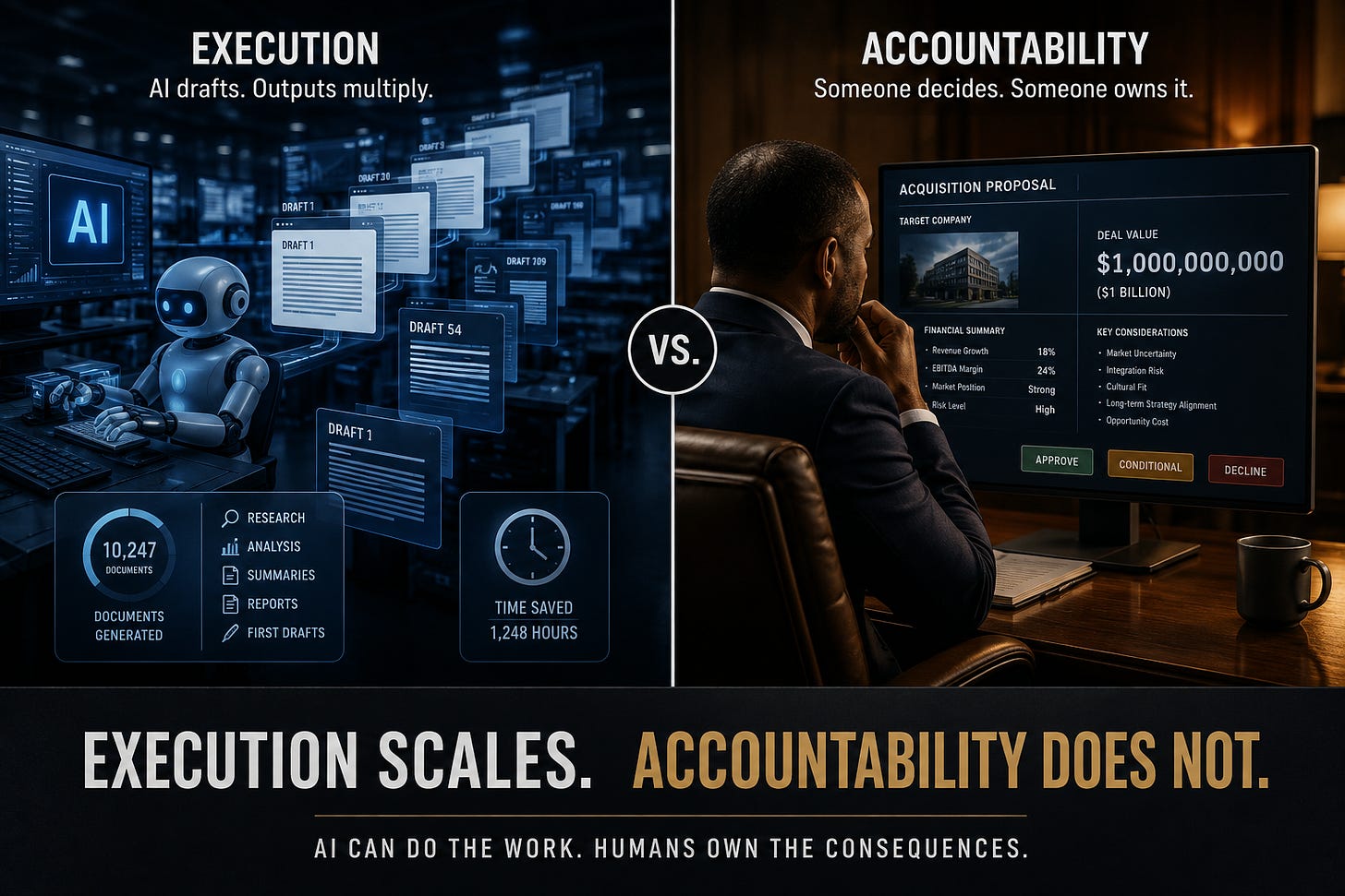 Split-screen illustration comparing AI execution with human accountability, showing AI generating thousands of documents while an executive evaluates a billion-dollar acquisition decision requiring human judgment. Split-screen illustration comparing AI execution with human accountability, showing AI generating thousands of documents while an executive evaluates a billion-dollar acquisition decision requiring human judgment.