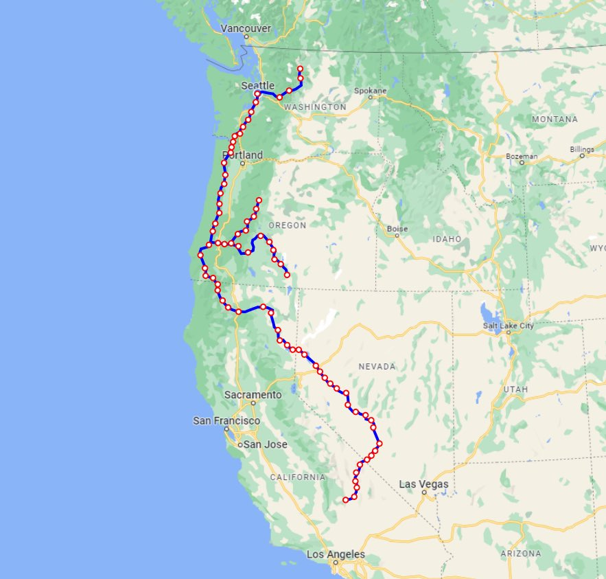 Google Maps route tracing from Seattle to Nevada through Oregon.