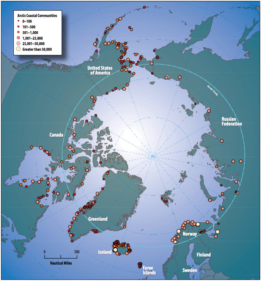 Polar projection of the circumpolar Arctic, showing a ring of inhabited coastlines and interconnected northern communities surrounding a shared ocean — an international world that long predates modern borders.