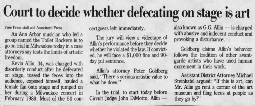 news article about GG Allin throwing feces at the audience in Milwaukee