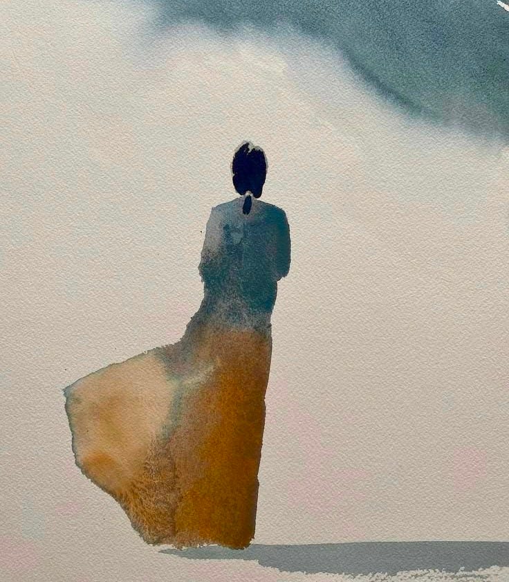 This may contain: a painting of a person standing in front of a wave with a bird on top