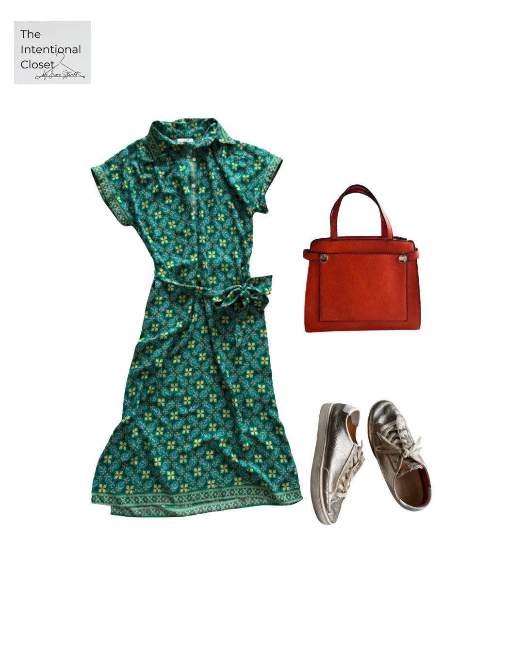 print dress styling, green dress, gold shoes
