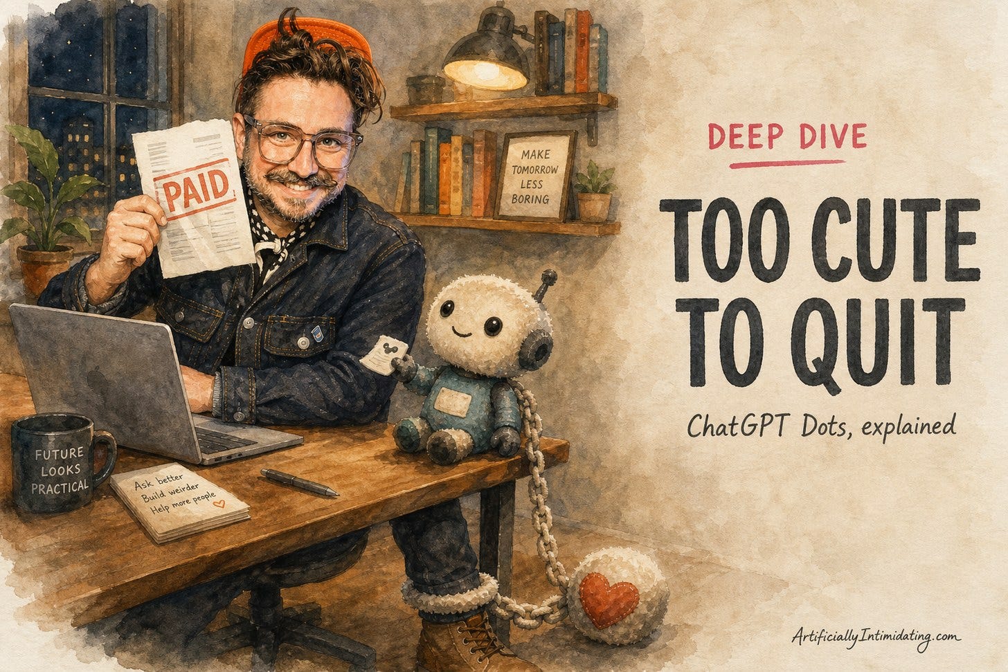 Watercolor of a smiling man with glasses and a mustache at a desk at night, holding up a paper stamped PAID. A plush toy robot sits by his laptop, and a fuzzy plush ball and chain is locked around his ankle.