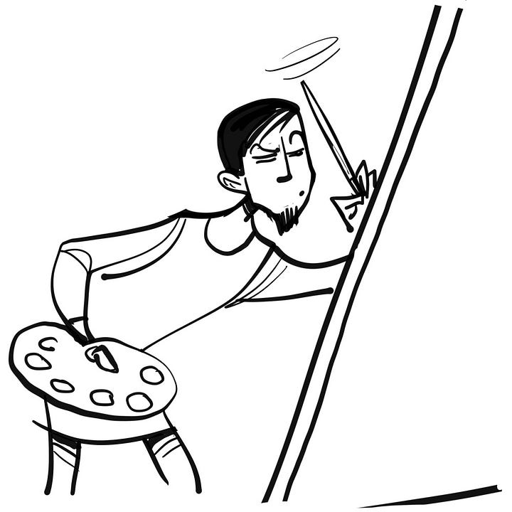 Four-panel sequence from a comic by Alfie. A painter stands at an easel and declares he will “show how to scare society,” then dramatically paints a minimalist outline of a nude female torso on the canvas. In the final panel, three viewers react with exaggerated shock and curiosity at the artwork. Full comic available at https://alifedoodler.wordpress.com/portfolio/little-lines-big-scandals/