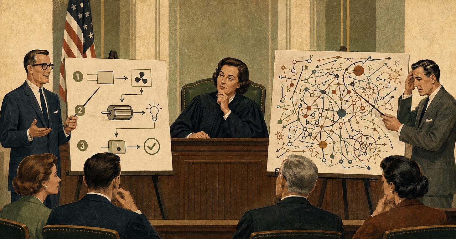 Mid-century-style illustration of a courtroom hearing. A female judge sits at the bench, looking more receptive toward a calm expert on the left who presents a simple step-by-step diagram. On the right, another expert points to a dense, tangled reconstruction chart filled with arrows and competing pathways, while looking strained. The contrast suggests that courts favor clear, transparent reasoning over complicated explanations that are hard to follow. Mid-century-style illustration of a courtroom hearing. A female judge sits at the bench, looking more receptive toward a calm expert on the left who presents a simple step-by-step diagram. On the right, another expert points to a dense, tangled reconstruction chart filled with arrows and competing pathways, while looking strained. The contrast suggests that courts favor clear, transparent reasoning over complicated explanations that are hard to follow.