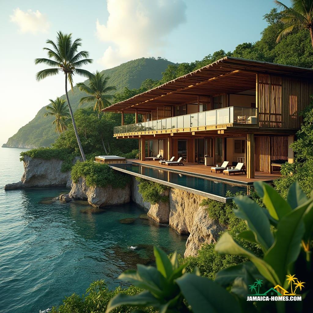 Luxurious eco-resort on Montego Bay's beachfront, Jamaica, showcasing sustainable bamboo architecture, solar panels, and expansive open-air pavilions, seamlessly integrating lush tropical greenery, natural pools, and breathtaking cliffside views through floor-to-ceiling glass walls, blending traditional Jamaican craftsmanship with modern eco-friendly design elements.