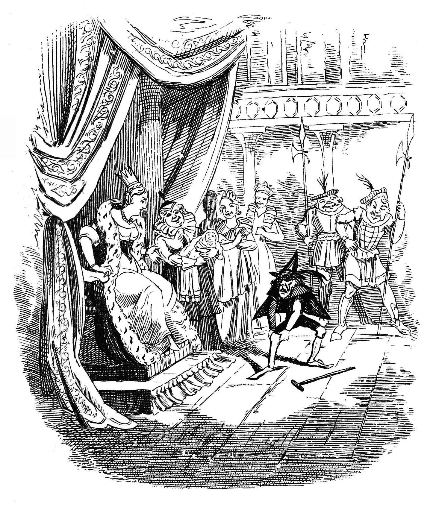 A tiny bearded man in a pointed cap stamps in fury on the floor of a royal hall while the queen on her throne and her courtiers look on. A tiny bearded man in a pointed cap stamps in fury on the floor of a royal hall while the queen on her throne and her courtiers look on.