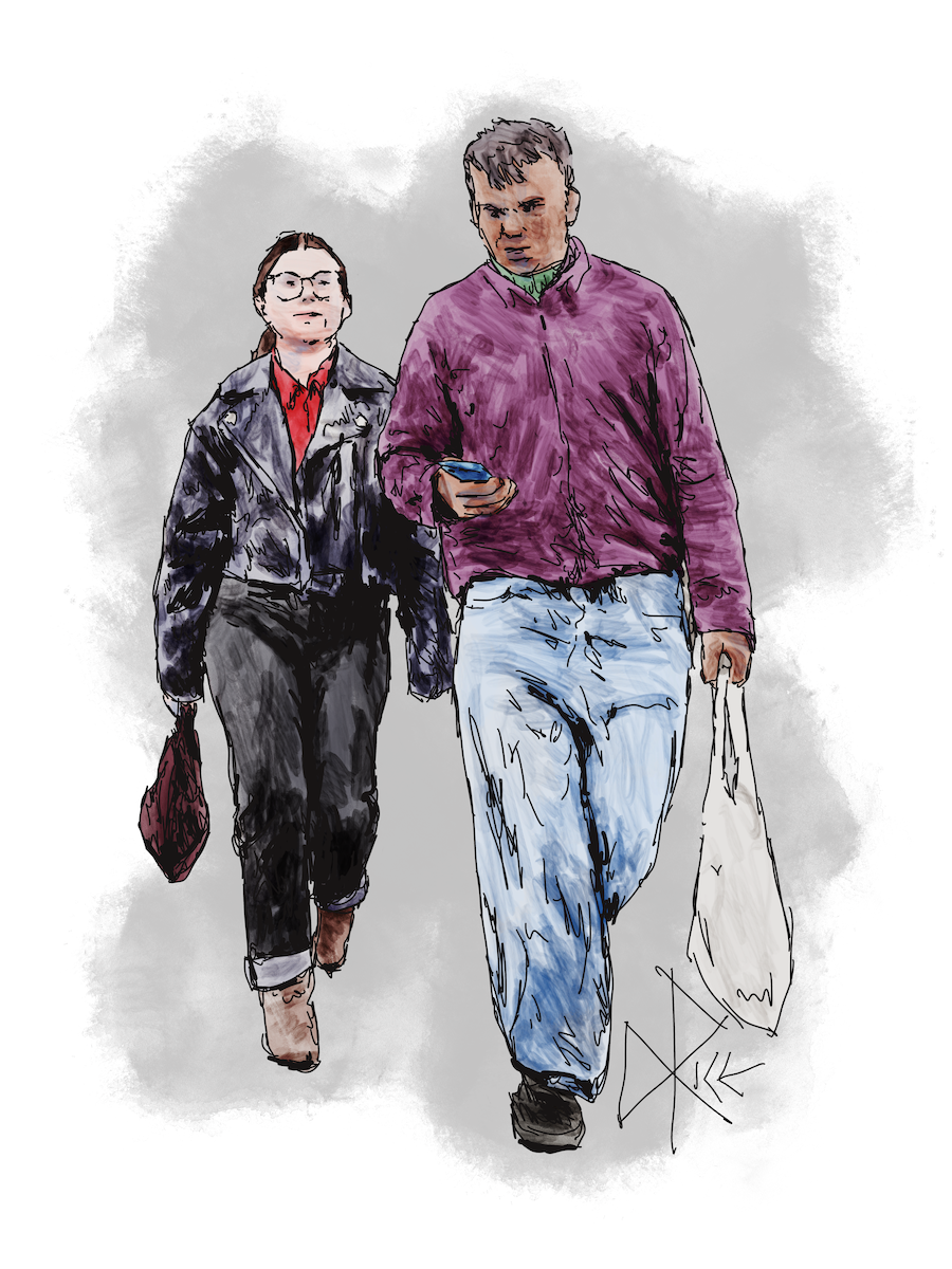 Carrying their shopping bags after a post-gig grocery run, a man and woman dressed in denim and leather walk home. Sketch art by Don Rice. Carrying their shopping bags after a post-gig grocery run, a man and woman dressed in denim and leather walk home. Sketch art by Don Rice.