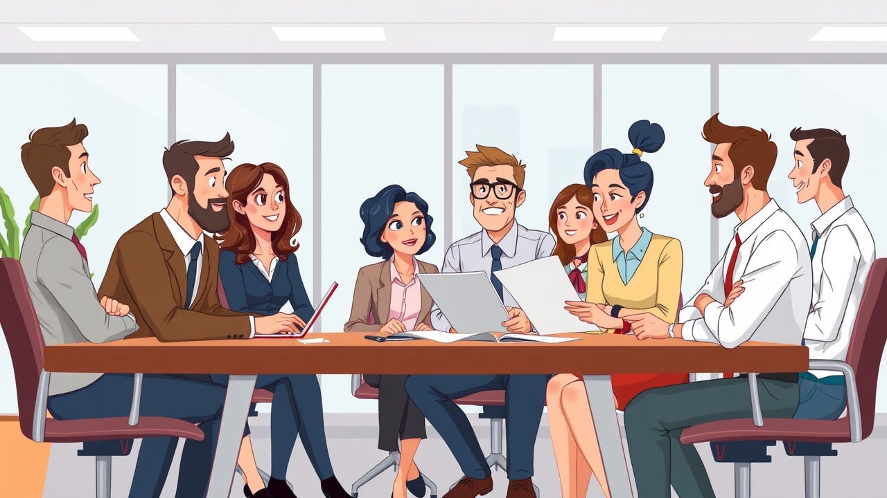 A group of diverse professionals discusses a report in a modern office.