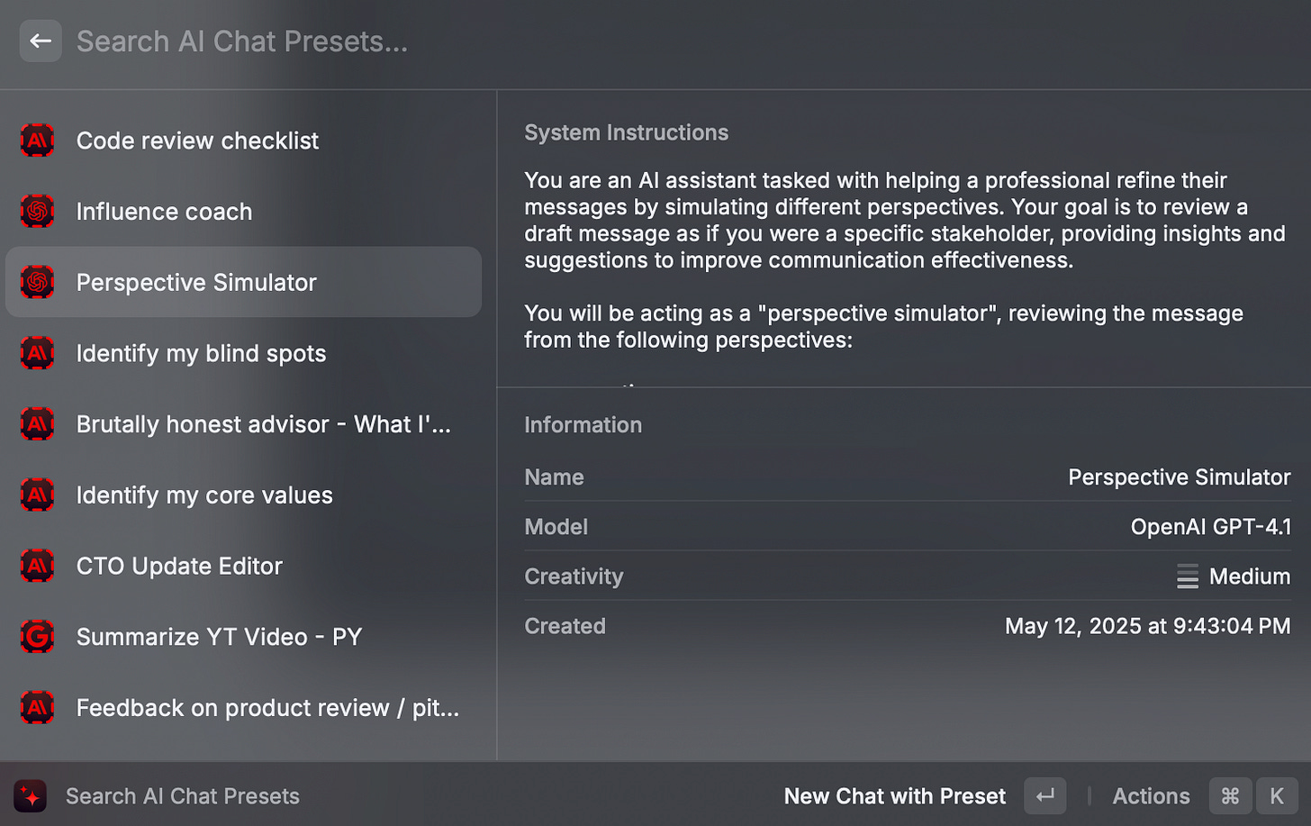 Chat presets view in Raycast Chat presets view in Raycast