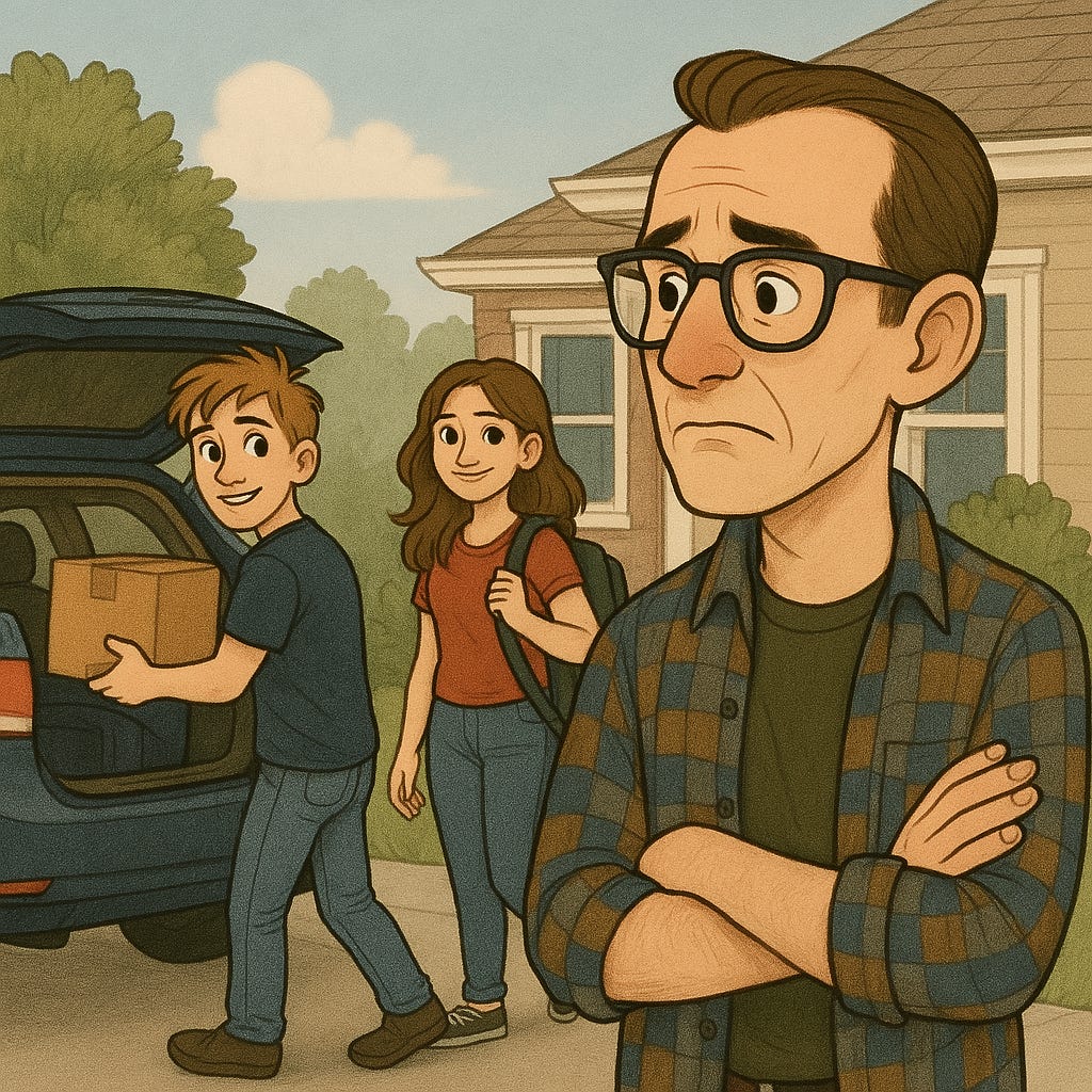 An older father watches as his teenage son packs a car for college and his daughter gets ready for high school.