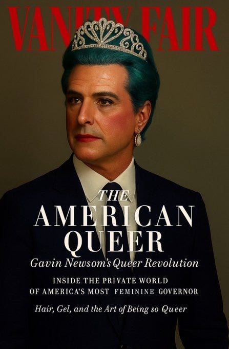 Gavin Newsom wearing a blue-green crown and earrings, dressed in a black suit with a white shirt. The text "Vanity Fair" is at the top. Additional text reads "The American Queer Gavin Newsom\'s Queer Revolution Inside the Private World of America\'s Most Feminine Governor Hair, Gel, and the Art of Being so Queer." Gavin Newsom wearing a blue-green crown and earrings, dressed in a black suit with a white shirt. The text "Vanity Fair" is at the top. Additional text reads "The American Queer Gavin Newsom\'s Queer Revolution Inside the Private World of America\'s Most Feminine Governor Hair, Gel, and the Art of Being so Queer."
