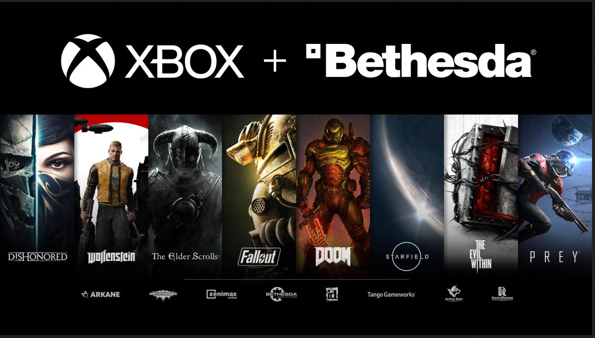 A promotional image for the partnership between Xbox and Bethesda. The image is a collage of characters and scenes from various Bethesda games such as Dishonored, Wolfenstein, The Elder Scrolls, Fallout, Doom, Starfield, The Evil Within, and Prey. The background is black with the Xbox and Bethesda logos at the top. The characters and scenes are arranged in a horizontal line with the game titles below them. The image has a cinematic and dramatic feel to it. The image is from the official announcement of the partnership between Xbox and Bethesda, which was made on March 9, 2021.
