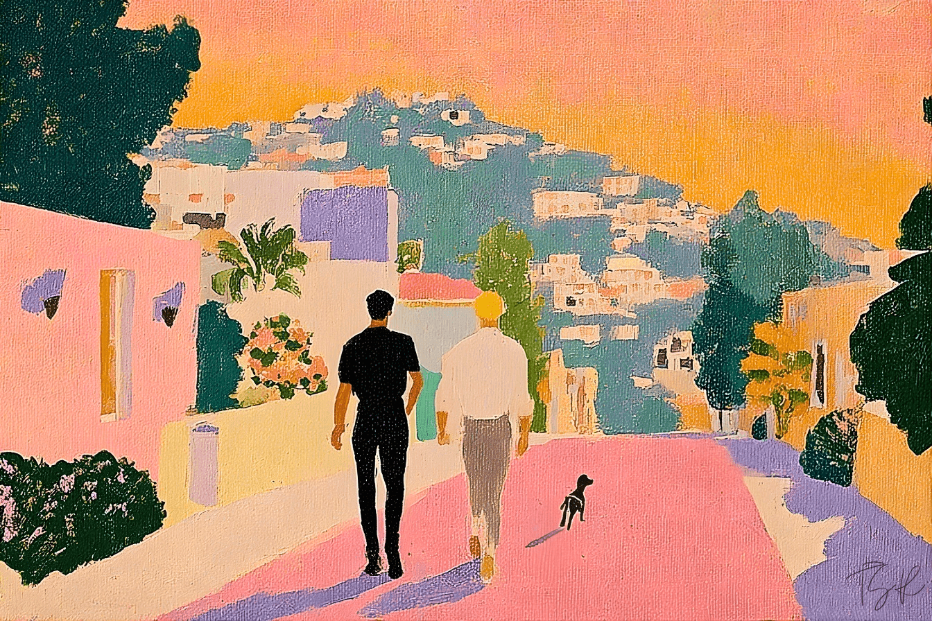 Two men walk down a sun-drenched street in saturated pink and orange light, a dog trotting ahead of them. Their long shadows stretch across the pink path, with houses, hills, and lush greenery surrounding the scene.