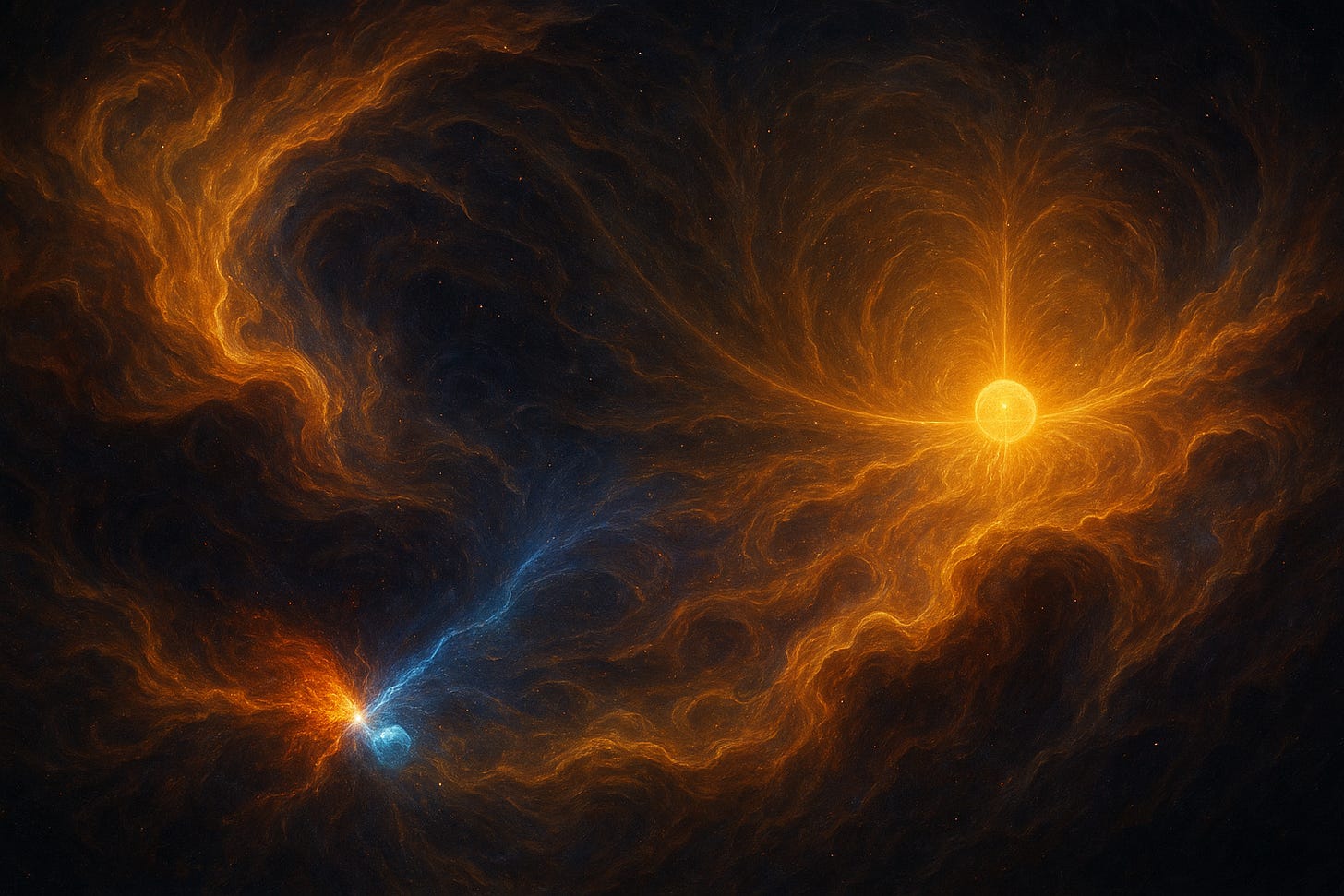 A breathtaking, high-definition digital painting of a cosmic scene filled with swirling plasma clouds in vivid blues, reds, and golds. Galaxies spiral outward as luminous threads of light stitch across space, evoking continuity through rupture. At the center, a glowing seam hints at an unseen “Third Eye” where inner and outer realities converge, symbolising memory, time, and the first stirrings of emotion in the universe.