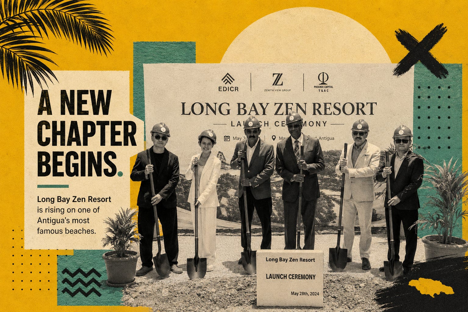 Illustration: Officials and developers break ground on the US$200 million Long Bay Zen Resort in Antigua, a luxury beachfront project that aims to combine artificial intelligence, sustainability, and high-end tourism. The stylized artwork reimagines the launch ceremony in Jamaica Homes' signature editorial design aesthetic.