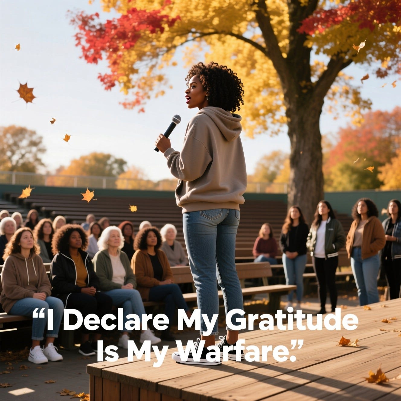Provide me a realistic image of an African American woman standing, saying decrees with a crowd of women listening in an outdoor auditorium.  Reading I Declare My Gratitude Is My Warfare.  The crowd is women of all ages and wearing urban wear, hair is not wrapped. In the fall. She is on a platform facing the crowd with her face to the people and back to the tree