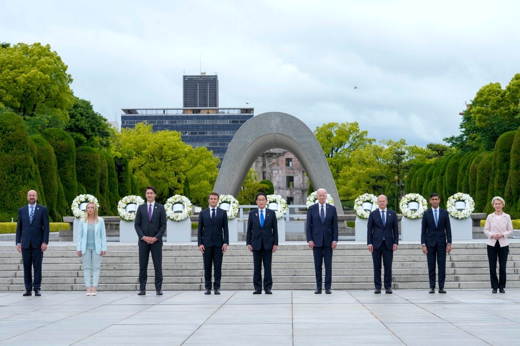 President Joe Biden, fourth right, and other G7 leaders pose for a photo during a visit to the Hiroshima Peace Memorial Park in Hiroshima, Japan, on May 19, 2023. President Joe Biden, fourth right, and other G7 leaders pose for a photo during a visit to the Hiroshima Peace Memorial Park in Hiroshima, Japan, on May 19, 2023.