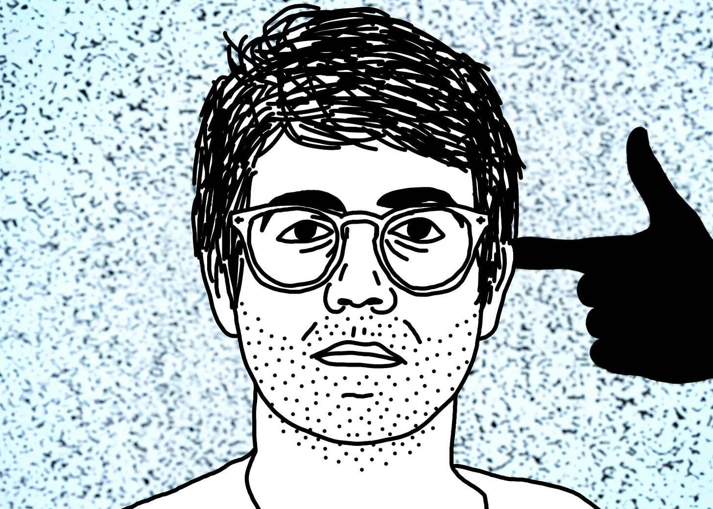 A black line drawing of Alex, the protagonist of "I Hear You Watching." He is white, short messy parted hair, glasses. He stares straight at you, unsmiling. He has a five-o’clock shadow and bags under his eyes. Behind him is speckled black-and-white static, and the silhouette of a hand pointing a finger gun at Alex’s head.