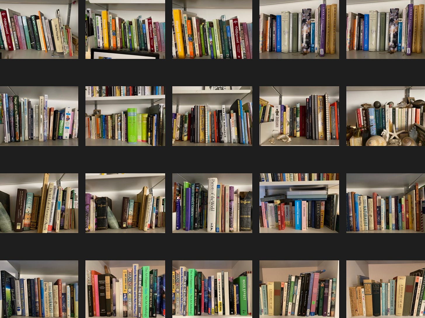 a screenshot of photos of a library of books close up showing the spines of the books.