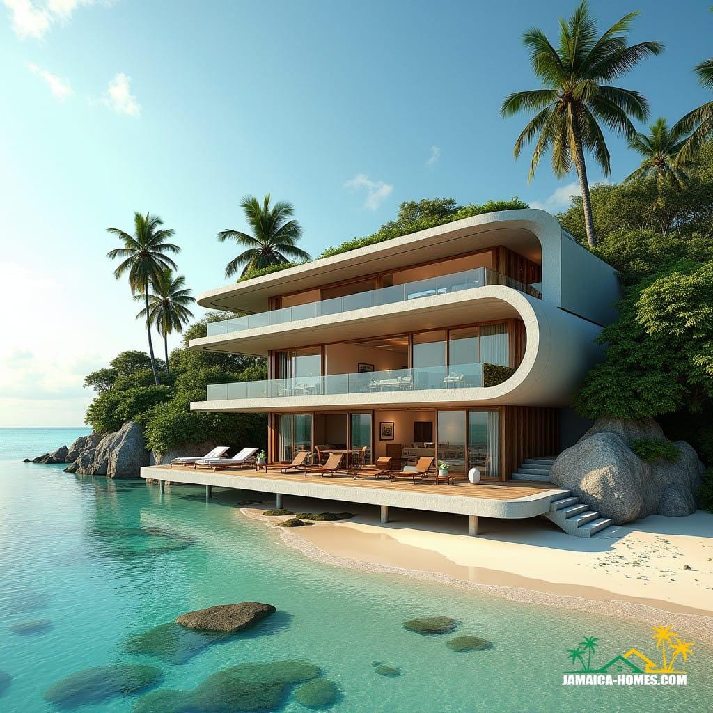 A luxurious and modern three-story beachfront home in Jamaica, blending contemporary architecture with tropical aesthetics. A luxurious and modern three-story beachfront home in Jamaica, blending contemporary architecture with tropical aesthetics.