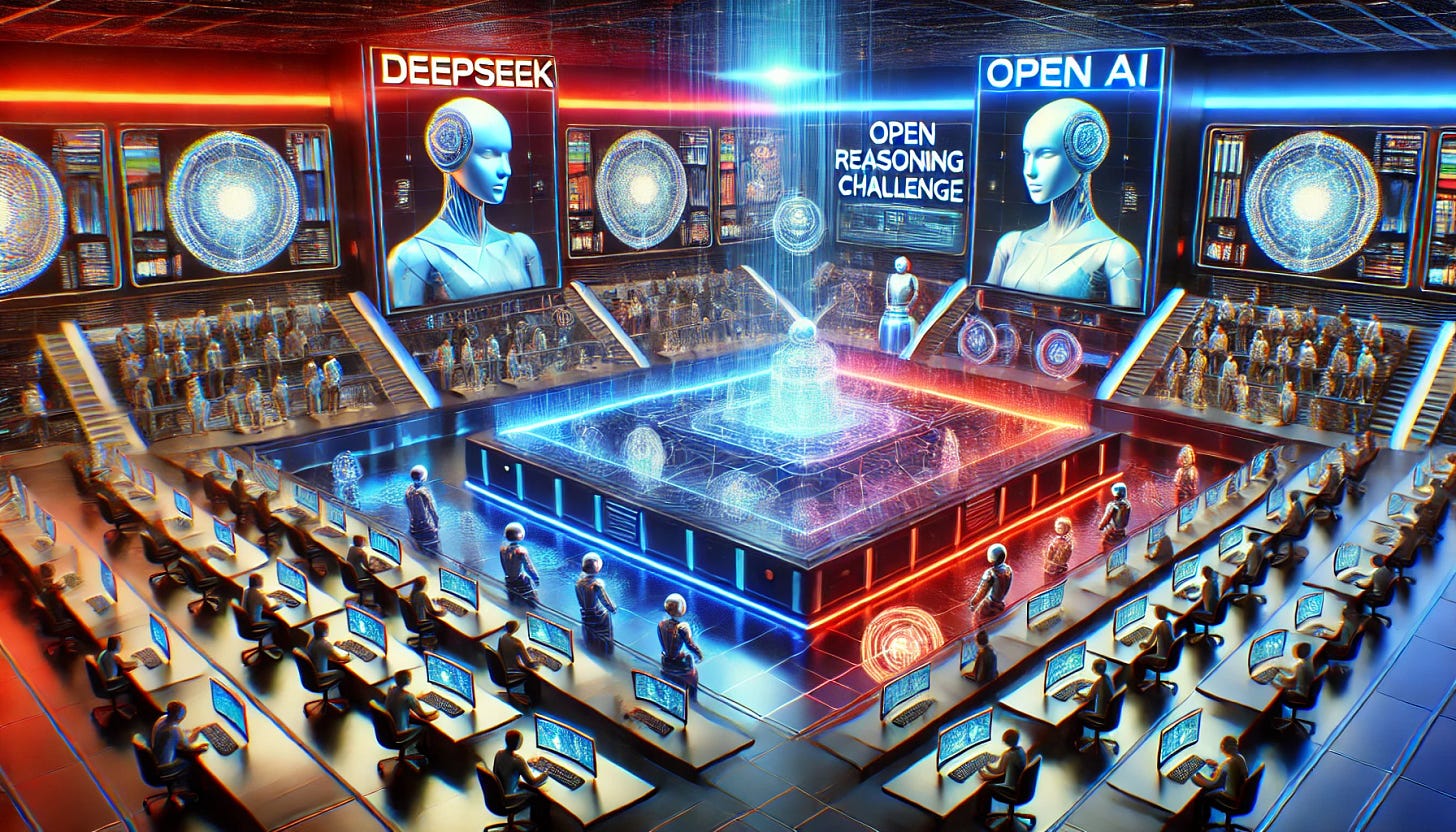 A high-tech futuristic arena where AI models DeepSeek and OpenAI are competing in an open reasoning challenge. The scene is filled with glowing holographic displays showcasing complex logic puzzles and AI-driven decision-making. The environment is sleek and futuristic, with neon blue and red lighting symbolizing the rivalry. Large AI-powered robots and digital avatars represent each model, engaging in an intense battle of reasoning and problem-solving, with an audience of scientists and engineers watching in awe. A high-tech futuristic arena where AI models DeepSeek and OpenAI are competing in an open reasoning challenge. The scene is filled with glowing holographic displays showcasing complex logic puzzles and AI-driven decision-making. The environment is sleek and futuristic, with neon blue and red lighting symbolizing the rivalry. Large AI-powered robots and digital avatars represent each model, engaging in an intense battle of reasoning and problem-solving, with an audience of scientists and engineers watching in awe.
