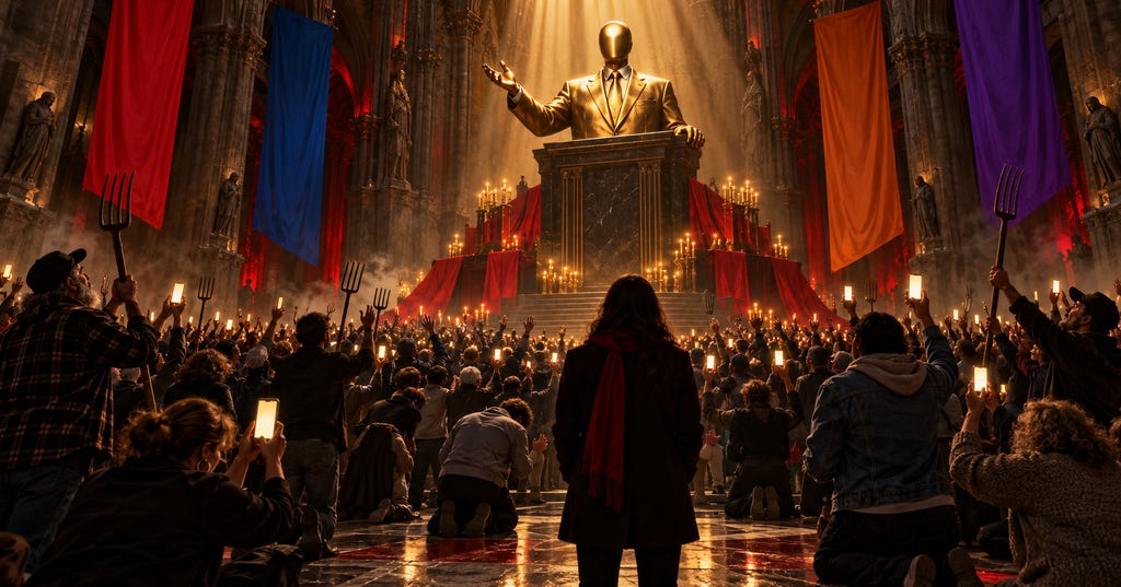 Image actuelle : Une foule de militants politiques se prosterne devant une idole dorée dans une cathédrale