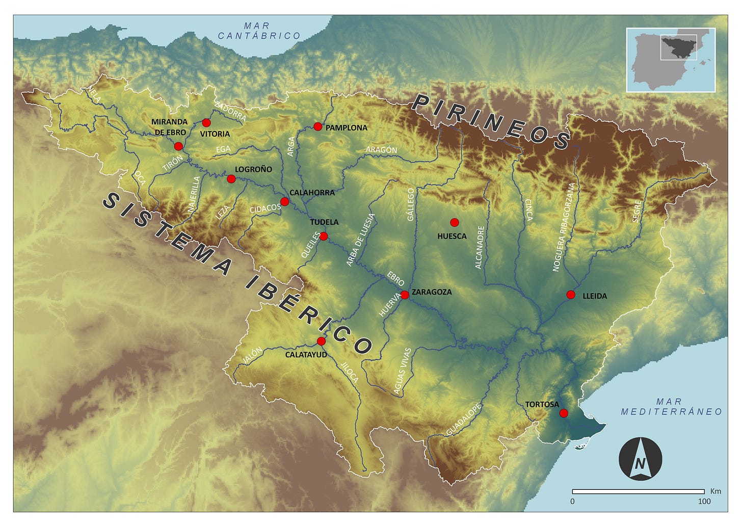 Mapa de la cuenca del Ebro y sus principales localidades. Ebro basin ...