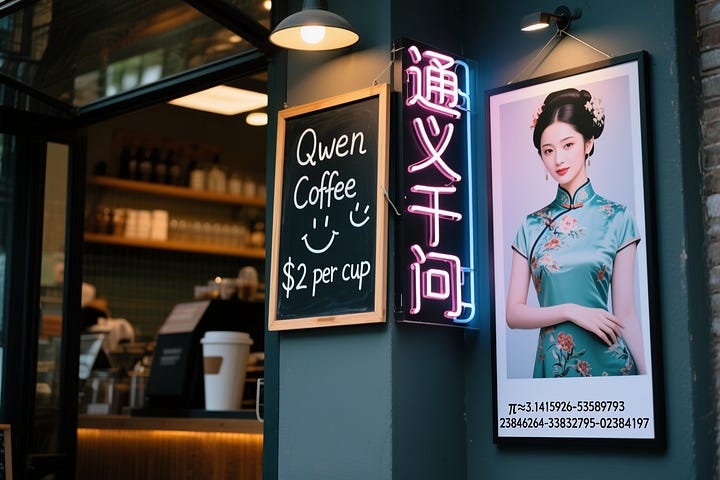 A coffee shop entrance features a chalkboard sign reading "Qwen Coffee 😊 $2 per cup," with a neon light beside it displaying "通义千问". Next to it hangs a poster showing a beautiful Chinese woman, and beneath the poster is written "π≈3.1415926-53589793-23846264-33832795-02384197".
