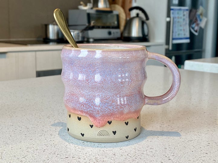 1. The mug in my kitchen, with golden spoon, 2. My appreciation comment to Paula, the potter, when she posted a picture of the mug