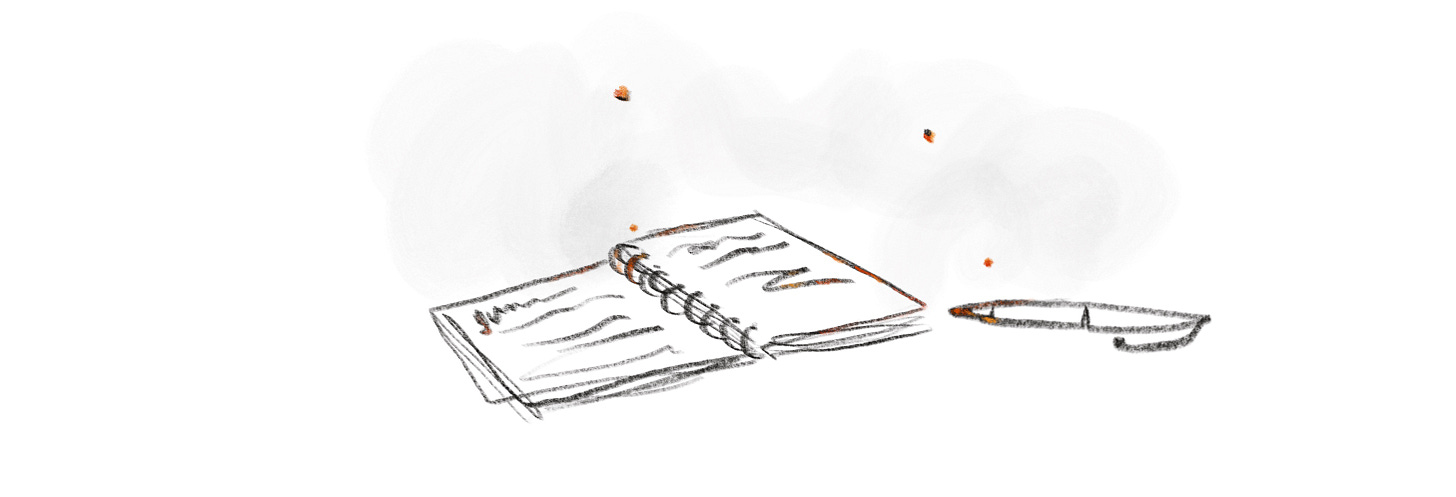 Sketch of a notepad and pencil, catching fire and smoking.