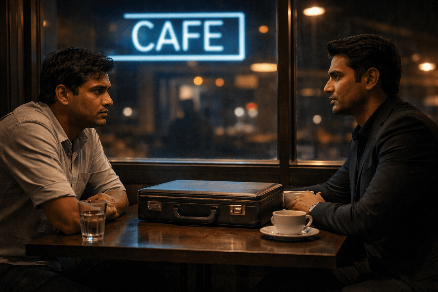 A nervous man meeting a stranger in a modern café at night with a mysterious suitcase on the table. A nervous man meeting a stranger in a modern café at night with a mysterious suitcase on the table.