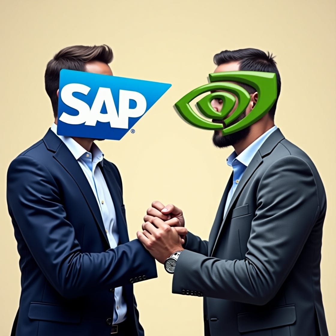 Create an image of two men collaborating, grasping each other's hands in a firm handshake, their faces replaced by the SAP and NVIDIA logos respectively, with the SAP logo having a sleek blue and white design and the NVIDIA logo featuring a stylized green and silver graphic, both logos taking on a slightly 3D appearance to give a sense of depth, set against a neutral beige background that helps the logos stand out, with the men's suits and attire being professional and modern, one wearing a navy blue suit with a crisp white shirt and the other wearing a charcoal grey suit with a light blue shirt, both having a subtle smile and a confident expression, conveying a sense of partnership and mutual respect.