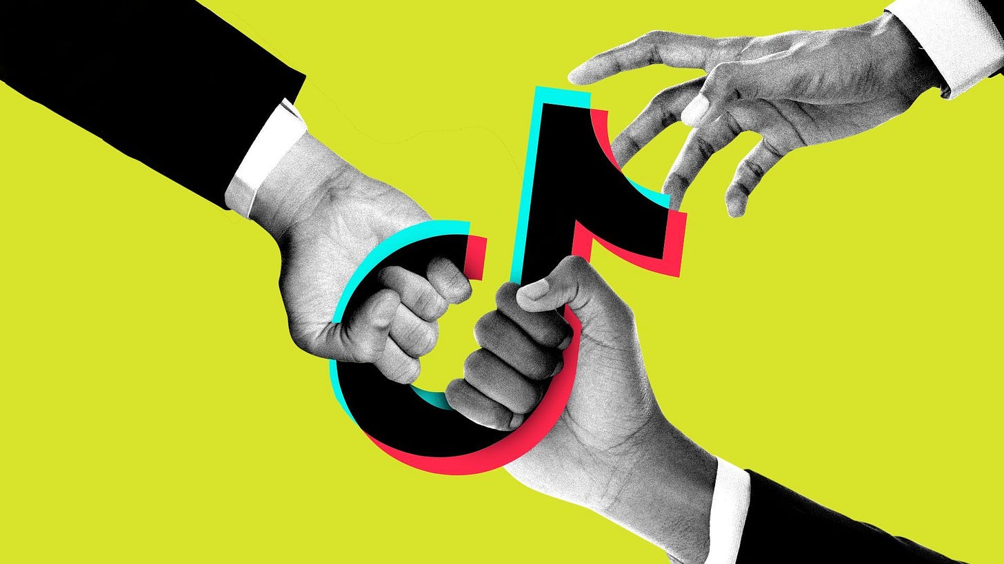 Illustration of hands fighting over the Tik Tok logo. 