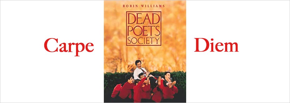 A movie poster with the Latin words ‘Carpe Diem’ surrounding a photograph of a smiling man being carried in celebration.