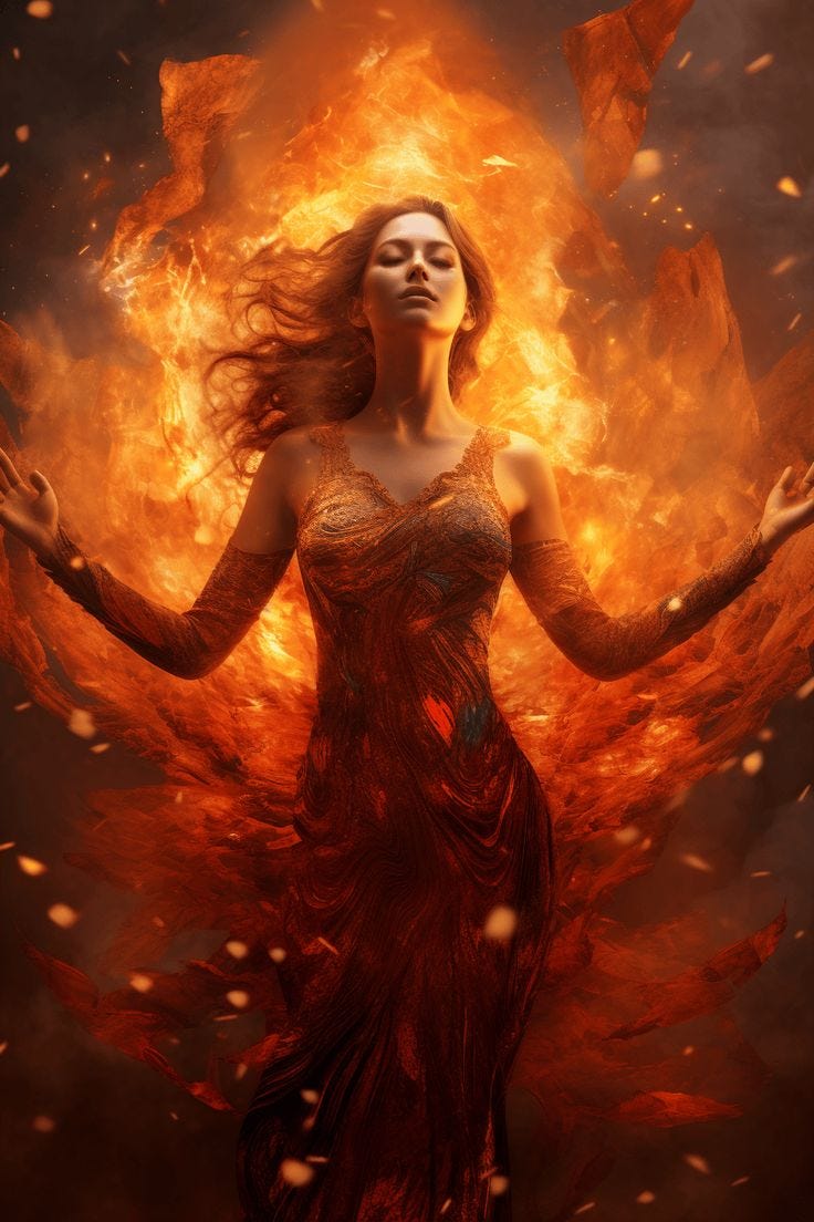 This may contain: a woman in a red dress with her arms outstretched and fire flowing around her head
