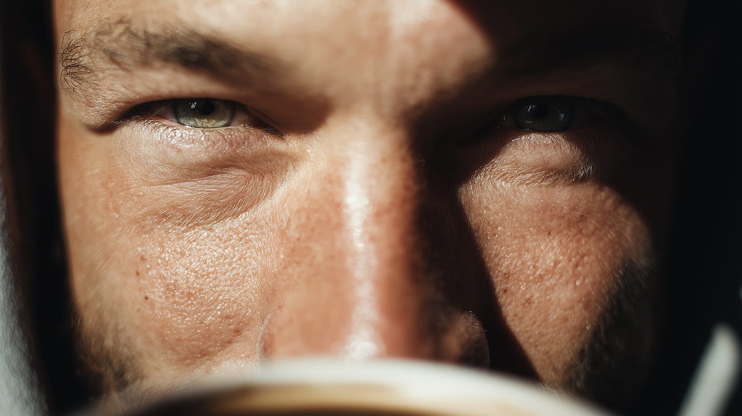 Close up of male athlete sipping coffee smiling.