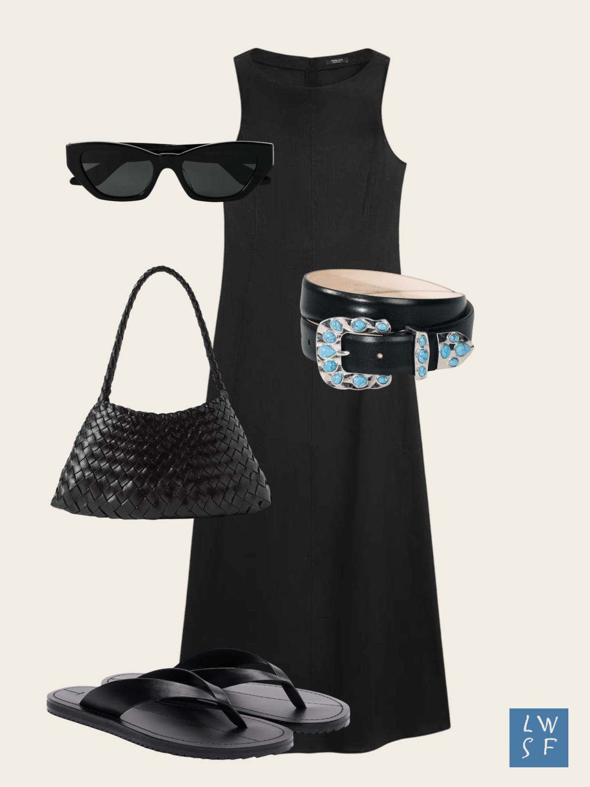 Summer outfit idea: black sleeveless midi dress, turquoise and silver western belt buckle, black woven leather shoulder bag, black rectangle sunglasses, black leather flip flop sandals