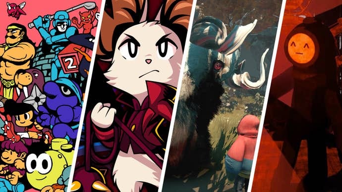 Composite image showing artwork from UFO 50, Mina: The Hollower, Herdlings, and Content Warning.