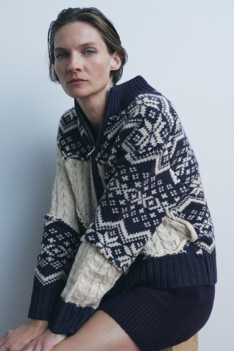 Zara CABLE KNIT JACQUARD KNIT CARDIGAN - Ecru / Blue - Image 0