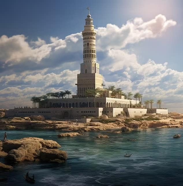 The Lighthouse of Alexandria, once a towering monument to human innovation, stood more than 350 feet tall on Pharos Island in the ancient Egyptian harbor. 