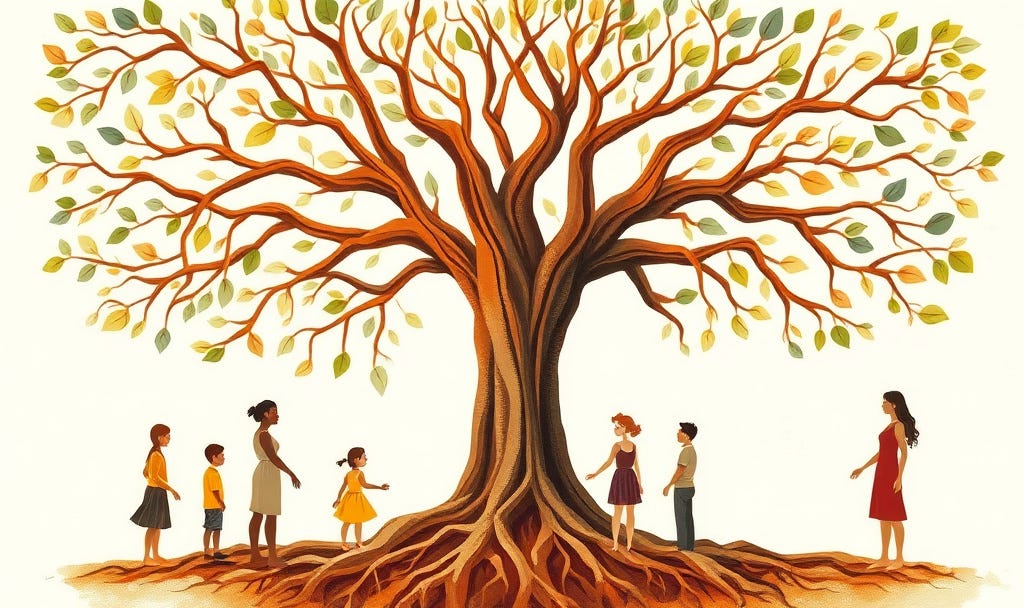 Stylized family tree illustration with deep intertwining roots and branching generations, symbolizing how patterns from post-traumatic parenting are passed down through family lines and can be recognized and repaired. Stylized family tree illustration with deep intertwining roots and branching generations, symbolizing how patterns from post-traumatic parenting are passed down through family lines and can be recognized and repaired.