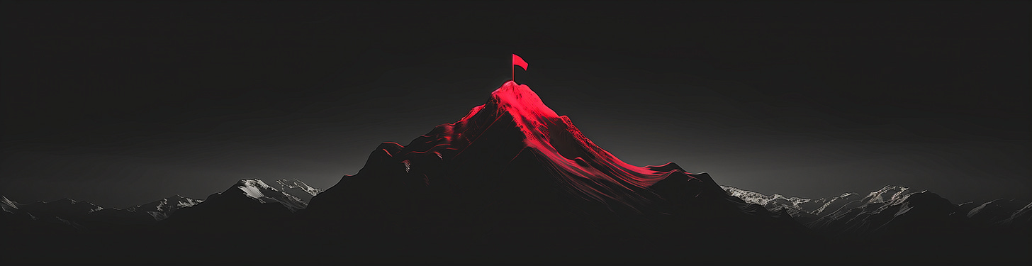 An image depicting a mountain peak with a red flag at the summit, representing the goals and achievements of AI Red Teams as they strive to reach new heights.