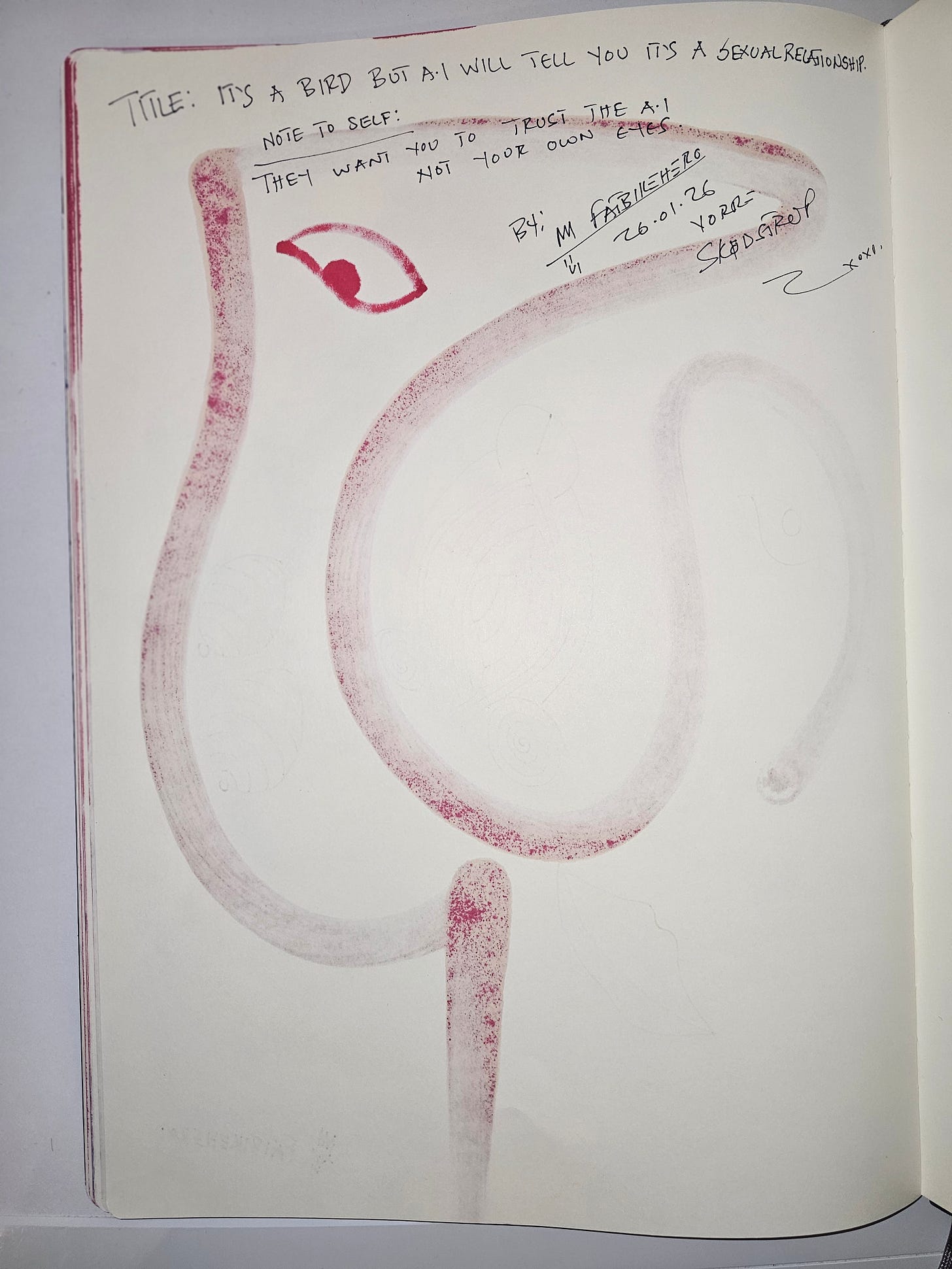 The back of a sketchbook page by FatbikeHero showing pink marker bleed-through and handwritten text reading "Note to self: They want you to trust the A.I. not your own eyes." The back of a sketchbook page by FatbikeHero showing pink marker bleed-through and handwritten text reading "Note to self: They want you to trust the A.I. not your own eyes."