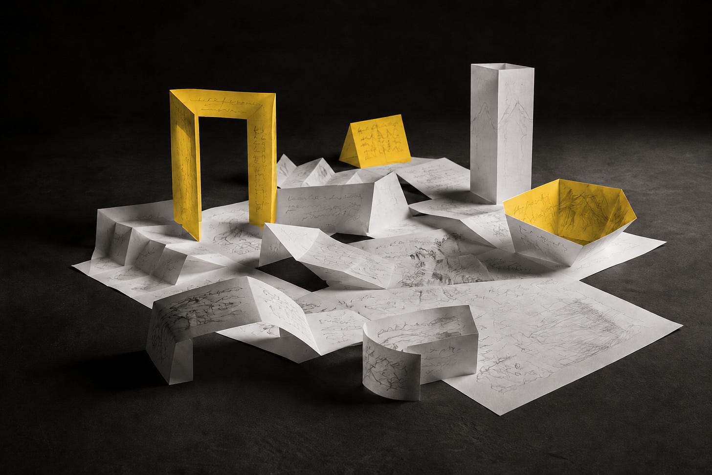 White and yellow folded pages form doorways, bridges and other structures on a charcoal worktable. White and yellow folded pages form doorways, bridges and other structures on a charcoal worktable.