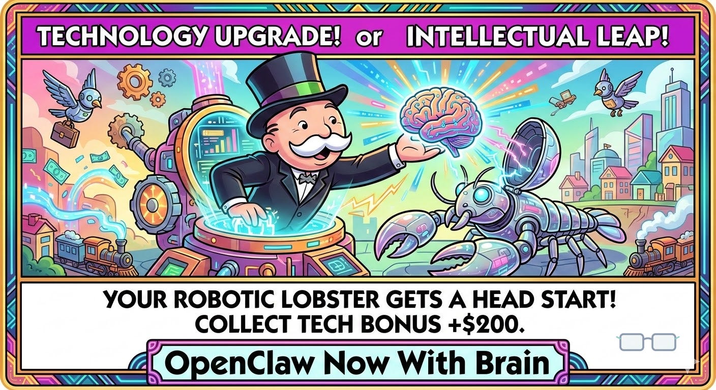 "Monopoly-style game card illustration titled 'Technology Upgrade or Intellectual Leap' showing a cartoon      tycoon in a top hat and tuxedo holding a glowing brain above a robotic lobster. The scene includes gears, circuit        boards, flying birds with briefcases, a city skyline, and toy trains. The card reads 'Your robotic lobster gets a head    start! Collect Tech Bonus +$200' with the tagline 'OpenClaw Now With Brain' at the bottom."   