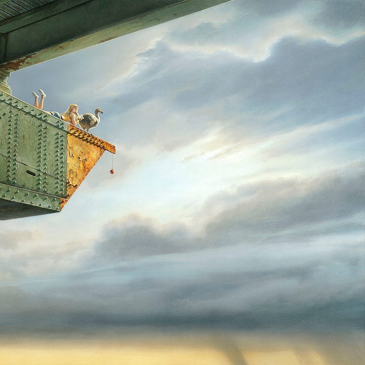 LEFT: Background detail from A WORLD OF LIGHT AND SHADOW featuring the riveted metal girder. Posted on tattered paper is the title of Newton's scientific treatise "Philosophiæ Naturalis Principia Mathematica"  RIGHT: Detail from A WORLD OF LIGHT AND SHADOW featuring the edge of the steel girder sticking out into the sunlight. A young woman in yellow tank top and denim shorts lounges stomach down and feet kicked up behind her as she stared off into gray cloudy skies. A dodo stands closer to the edge where an apple dangles down to open air on a string.